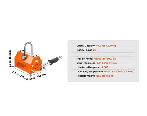 Heavy Duty Permanent Magnetic Lifter 2000Kg Capacity showing specifications and dimensions for steel plate hoisting.