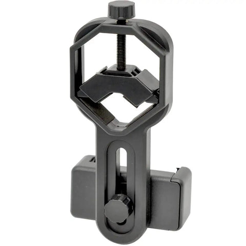 Universal Smartphone Telescope And Microscope Adapter Mount for iPhone Samsung HTC LG, shown with adjustable clamp and knobs.