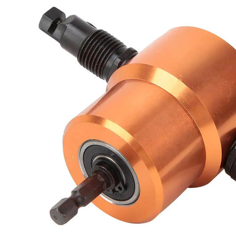 Close-up of orange Double Head Sheet Metal Nibbler Cutter with Stainless Steel Build, 360 Degree Cutting Head for Compact Car Repair Tool.