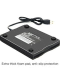 External USB 3.5 Inch Floppy Disk Reader Portable 1.44 MB FDD For PC Laptop Plug And Play Compatible With Windows 11 10 8 7 XP And Linux No Driver Needed For Accessing Legacy Floppy Data, bottom view with foam pads and USB cable