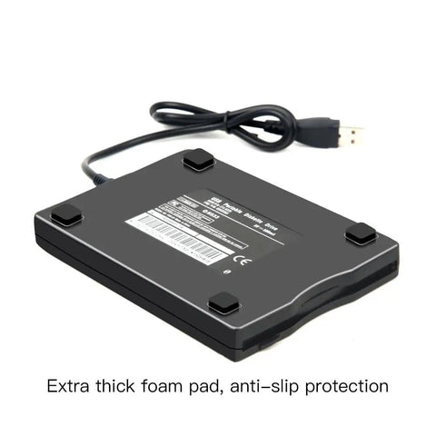 External USB 3.5 Inch Floppy Disk Reader Portable 1.44 MB FDD For PC Laptop Plug And Play Compatible With Windows 11 10 8 7 XP And Linux No Driver Needed For Accessing Legacy Floppy Data, bottom view with foam pads and USB cable
