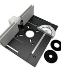 Plug And Play Aluminum Router Table Insert Plate Featuring Ridiculously Smooth Electric Lift System For Fast Wood Engraving And Easy Slotting Chores Warm Gold Anodized Surface, showing precision measuring tools and attachments.