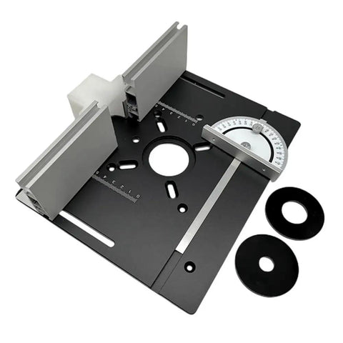 Plug And Play Aluminum Router Table Insert Plate Featuring Ridiculously Smooth Electric Lift System For Fast Wood Engraving And Easy Slotting Chores Warm Gold Anodized Surface, showing precision measuring tools and attachments.