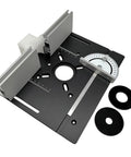 Rock Solid Aluminum Router Lift System With Table Insert Plate For Hassle Free Woodworking And Quick Height Tweaks A No Brainer Shop Upgrade Finished In Black with adjustable features and measurement tool.