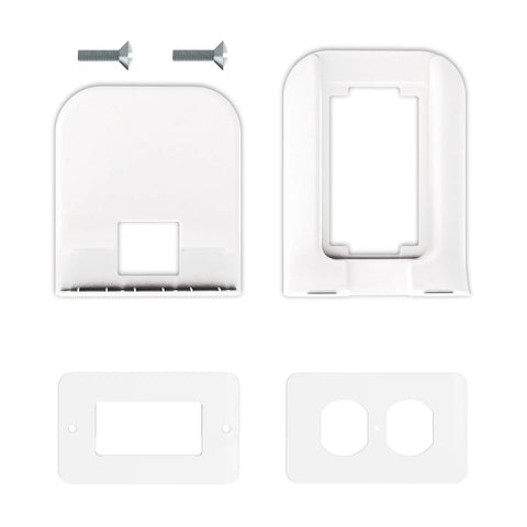 Outlet Shelf Wall Organizer For Bathrooms And Smart Homes, white wall mount components with screws and plate adapters