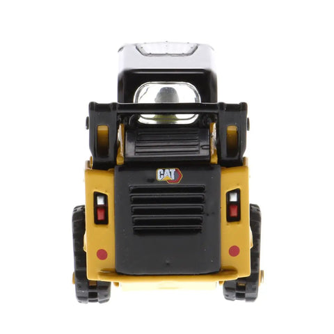 Front view of CAT 259D3 Compact Track Loader Diecast Model With Bucket Fork Grapple And Light Material Bucket Attachments