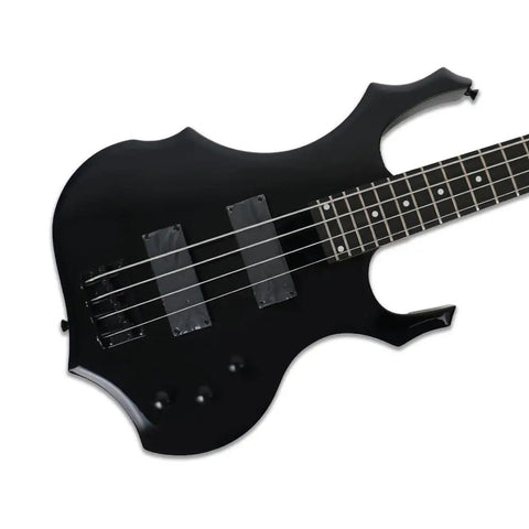 Cool Shape 4 String Electric Bass Guitar Kit With 20W Amplifier For Beginners, black body close-up view.