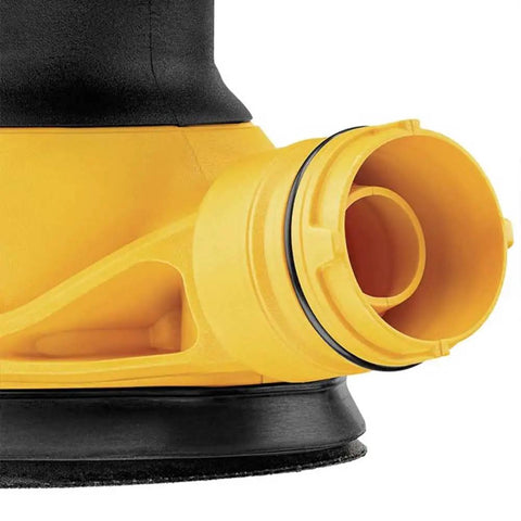 Close-up of dust port on Random Orbit Sander With Variable Speed 5 Inch 3 Amp Corded Electric Low Vibration Design With Counterweight Dust Port Direct Fit Dust Sealed Switch Pro Grade Sanding Power DWE6423