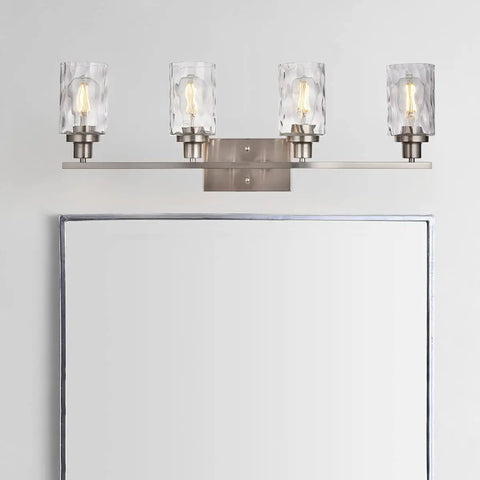 4 Light Vanity Light Fixtures For Bathroom With Brushed Nickel Finish And Hammered Glass Shades above mirror