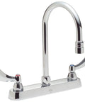 Commercial Kitchen Faucet With 6 Inch Rigid Swivel Gooseneck Spout 3 Hole Installation Blade Style Handles Half Inch IPS Connection Chrome Finish Durable Heavy Duty Build For Everyday Commercial Use, shown from front angle