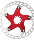 Mountain Bike Disc Brake Rotor And Pads 203mm Five Bolt Build With Stainless Steel Outer And Aluminum Inner For Hydraulic Mechanical Brakes, red rotor view.