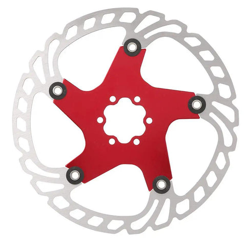 Mountain Bike Disc Brake Rotor And Pads 203mm Five Bolt Build With Stainless Steel Outer And Aluminum Inner For Hydraulic Mechanical Brakes, red rotor view.