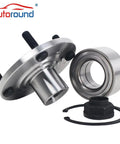 Drop In Replacement Pair Front Wheel Hub And Bearing Assembly For Honda Accord 2 3L 1998 Through 2002 With Non ABS 4 Lug Front Left Or Right That Is Quality Tested For Smooth Operation. Shown are the components including hub, bearing, nut, and retaining ring.
