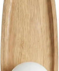 Milky Glass Globe Wall Sconce Light Modern Nordic Design with Solid Wood Backplate Minimalist Wall Lamp Fixture detail showing wooden tray with glass globe.