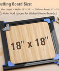 Router Jig For Cutting Boards, fits up to 18x18 inches, adjustable guide in black with corner guides on wooden cutting board.