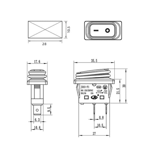 Two Pack DC 30A 36V Boat Rocker Toggle Switch With LED Light 4 Pins Waterproof Marine On Off Switch For Panels Durable Nylon PA66 Construction Easy Install Ideal For Boats Trailers, dimension drawing