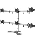 Premium Heavy Duty Quad Monitor Desk Mount For Multi Screen Workstation Setup Featuring Smooth Height Adjustment Easy Cable Routing And Rock Solid Steel Rig, showing four monitor arms in silver finish.