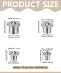 72 Pc Stainless Steel Dowel Center Pins Set Four Sizes diagram with measurements for cabinet making and woodworking