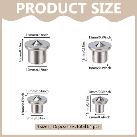 72 Pc Stainless Steel Dowel Center Pins Set Four Sizes diagram with measurements for cabinet making and woodworking