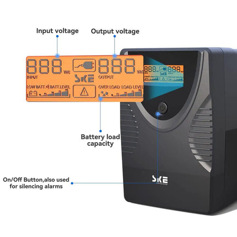 Front view of 850VA 480W UPS Battery Backup And Surge Protector With LCD Display And AVR Regulation, showing LCD and power indicators.