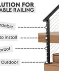 No Sweat Diy Steel Cable Railing System For Sleek Stair Handrails Pre Drilled Base Mount Kit Comes Fully Loaded With Hardware Ready For Instant Setup White 42 Inch, featuring installation details on wooden stairs.