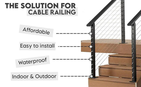 No Sweat Diy Steel Cable Railing System For Sleek Stair Handrails Pre Drilled Base Mount Kit Comes Fully Loaded With Hardware Ready For Instant Setup White 42 Inch, featuring installation details on wooden stairs.
