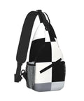 Unisex Black And White Piano Key Grid Print Fanny Pack Adjustable Crossbody Chest Bag seen from the side with mesh pocket.