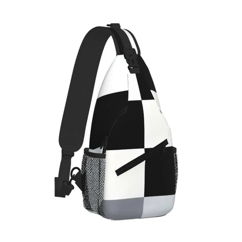 Unisex Black And White Piano Key Grid Print Fanny Pack Adjustable Crossbody Chest Bag seen from the side with mesh pocket.