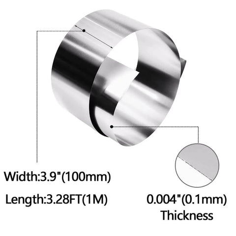 Rolled 304 Stainless Steel Foil 0.1mm thickness, 100mm width, 1M length, silver finish, corrosion-resistant, high temperature tolerant.