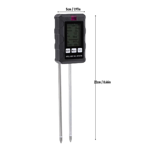 All In One 6 In 1 Soil Tester With pH Meter And LCD Display Measures Soil Moisture Temperature Humidity And Fertility For Gardening Lawn Farm And Outdoor Plants, shown with dimensions.