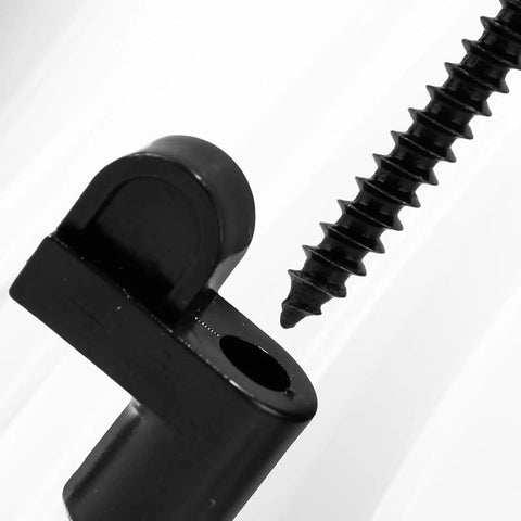 Close-up of black heavy duty nylon stormproof retainer and matching alloy screw for improved window security.