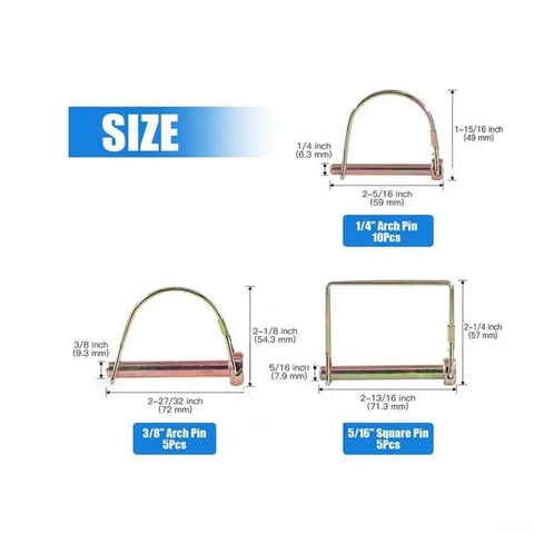 20 Piece D Shape And Square Cotter Pin Set For Metalworking With Rust Resistant Color Plated Finish, Quick Release Safety Latch Kit For DIY Projects, Pro Grade Gear For Machinery, Automotive And General Maintenance. Size chart for 1/4 inch arch pin, 3/8 inch arch pin and 5/16 inch square pin