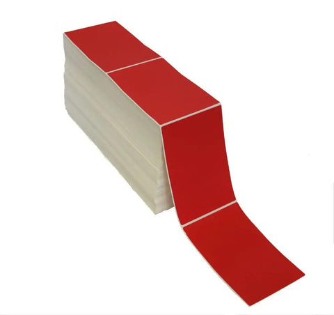 Essential 4X6 Red Fanfold Direct Thermal Shipping Labels With Heavy Duty Permanent Adhesive For Warehouse Barcodes And Package Logistics Packs Four Thousand Crisp Sheets stack with several red labels visible.