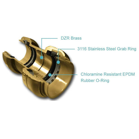 Close-up of SharkBite 1/2 in PRV boiler feed valve brass push-to-connect fitting with EPDM O-ring and SS grab ring