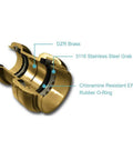 Cutaway view of Shower And Tub Connection Kit With Push To Connect Brass Fittings showing DZR brass, EPDM O-ring, stainless steel ring.
