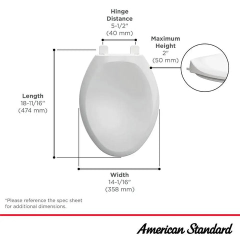 Diagram showing dimensions of Slow-Close Elongated Toilet Seat With Quick-Release Hinges White Ever-Tite Locking For A Secure Fit