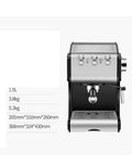 Front view of Pro Grade Commercial Semi Automatic Espresso Machine in Stainless Steel with High Pressure Steam Milk Frother Wand.