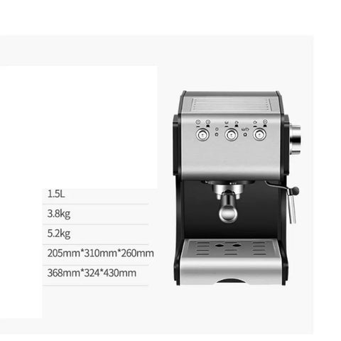 Front view of Pro Grade Commercial Semi Automatic Espresso Machine in Stainless Steel with High Pressure Steam Milk Frother Wand.