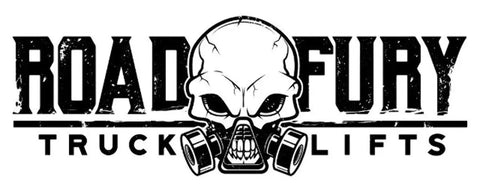 Logo of Road Fury Truck Lifts featuring a skull with a gas mask design.