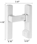 Matte White 90 Degree Barn Door Lock With Dual Locking System Zinc Alloy Right Angle Latch dimensions shown