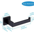 Matte Black Toilet Paper Holder Stainless Steel Wall Mount Dispenser and Hangers with dimensions labeled