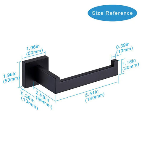 Matte Black Toilet Paper Holder Stainless Steel Wall Mount Dispenser and Hangers with dimensions labeled