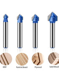 Get Your 6mm Carbide Tipped V Groove Router Bit For Smooth Cuts In Wood And Acrylic With Anti Kickback Safety Design Perfect For Solid Hardened Steel End Milling Projects. Four router bits displayed with tips, designed for MDF, particle board, plywood, and solid wood.