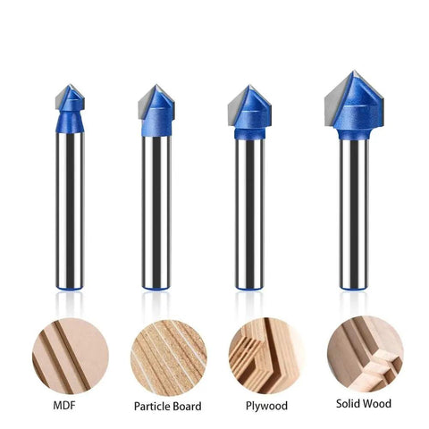 Get Your 6mm Carbide Tipped V Groove Router Bit For Smooth Cuts In Wood And Acrylic With Anti Kickback Safety Design Perfect For Solid Hardened Steel End Milling Projects. Four router bits displayed with tips, designed for MDF, particle board, plywood, and solid wood.