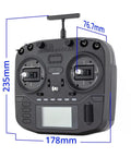 Boxer 2.4G 16 Channel Radio Control Transmitter with Hall Effect Gimbals front view showing dimensions.