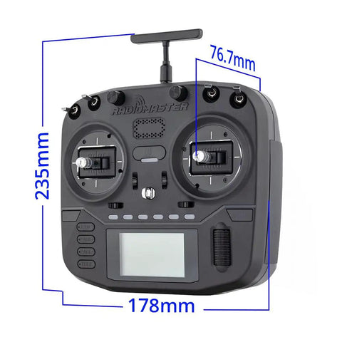 Boxer 2.4G 16 Channel Radio Control Transmitter with Hall Effect Gimbals front view showing dimensions.