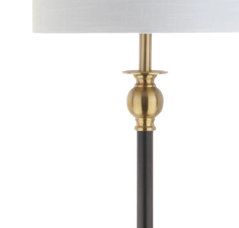 Close-up of 61 Inch Black And Brass Gold Metal LED End Table Floor Lamp with white linen drum shade and brass accent.
