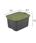 Heavy Duty 17.5 Gallon Plastic Storage Bin With Clear Lid And Full Length Through Wall Handles Gray Opaque Base Stacks Tight 70 Quart Tote For Blankets And Gear, showing dimensions.