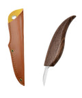 Professional Wood Carving Knife And Spoon Carving Tool Set With Leather Sheath, walnut handle, straight blade, and leather sheath.