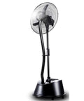 Heavy Duty Outdoor Misting Floor Fan With Three Speed Settings And Wide Swing Drops The Heat By Delivering Frosty Mist Cooling For Your Backyard Hangout Zone Fast in black finish.